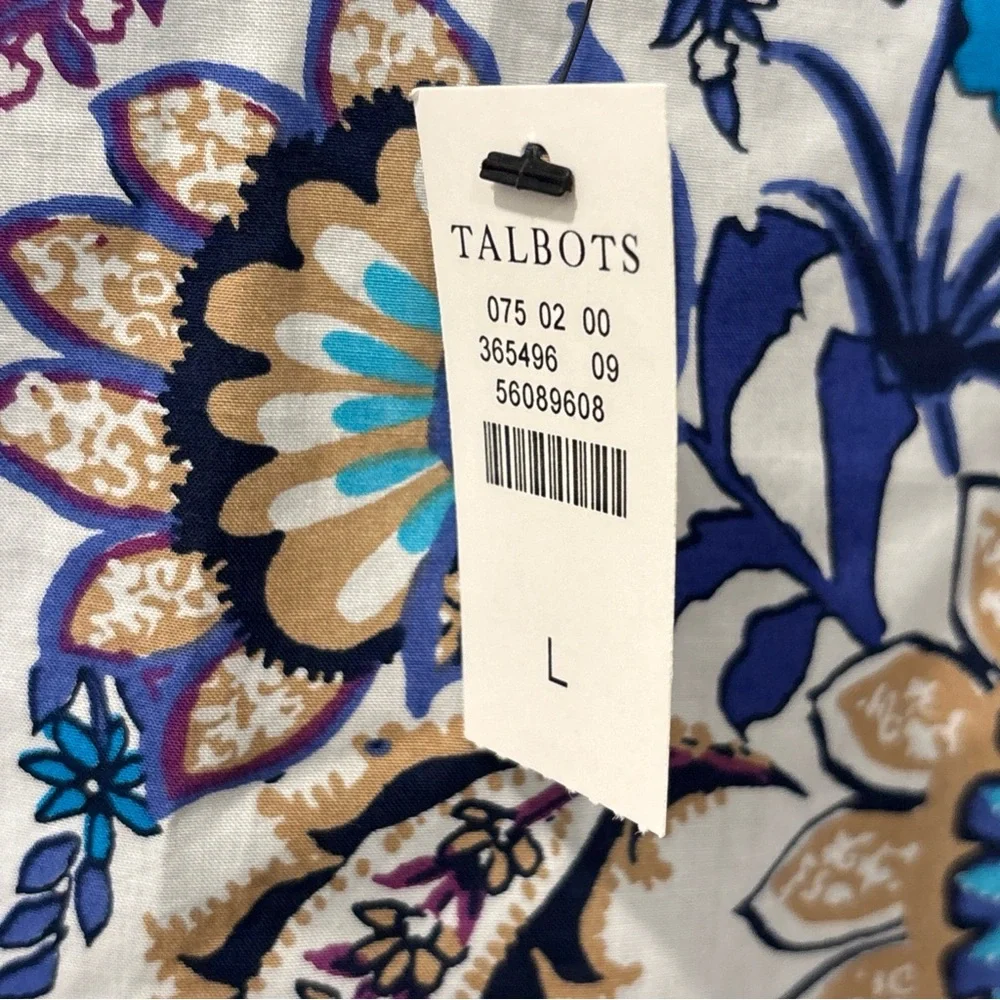 Talbots Blue, White and Tan Paisley Floral Square-Neck Blouse - Picture 3 of 9